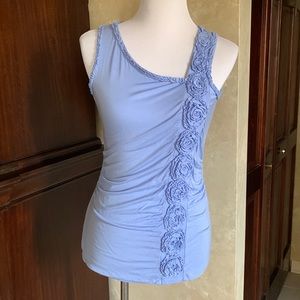 KENAR periwinkle asymmetrical neckline w/ rosette and small ruffle detailing